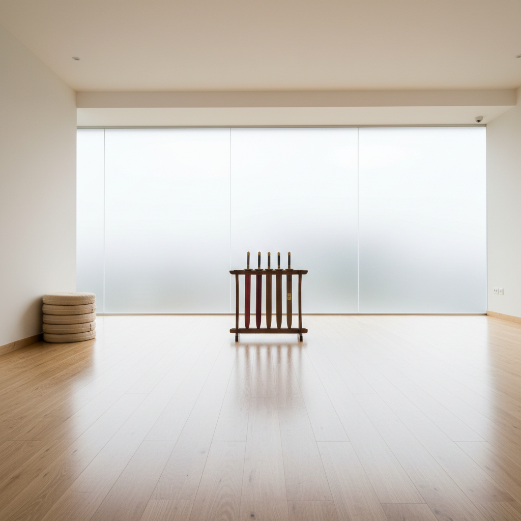 A spacious, tranquil practice hall with a polished light oak floor stretches toward a large, frosted glass wall, through which soft overcast daylight gently filters. In the center of the room stands a single, upright wooden tai chi sword rack holding several finely crafted practice swords, their lacquered scabbards in muted reds and browns catching subtle highlights. A few neatly stacked meditation cushions rest in a corner, adding warmth without clutter. The mood is serene and contemplative, with clean architectural lines and a minimalist, professional aesthetic. Captured from a slightly elevated wide-angle perspective, the photograph maintains sharp focus throughout, emphasizing openness, balance, and the welcoming nature of a tai chi school.
